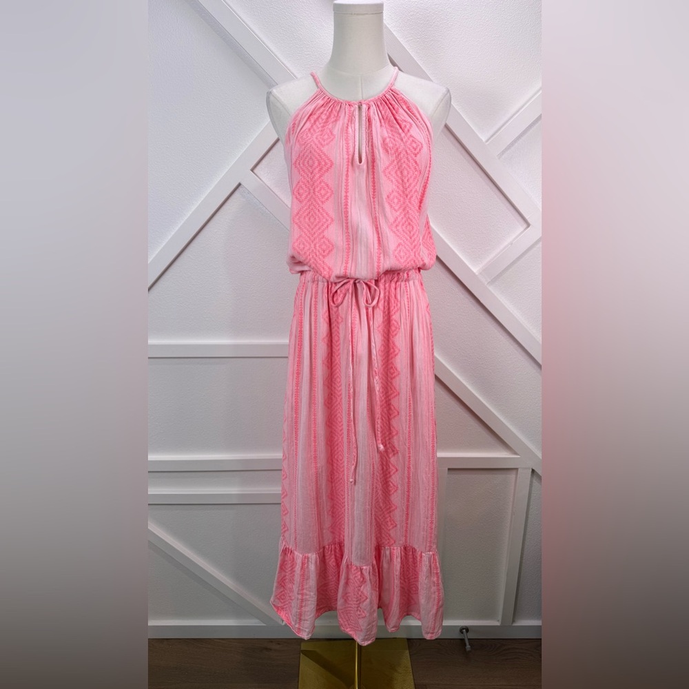 Velvet By Graham & Spencer Pink Embroidered Midi Dress Boho Halter Cotton Sz Lrg - Picture 2 of 14